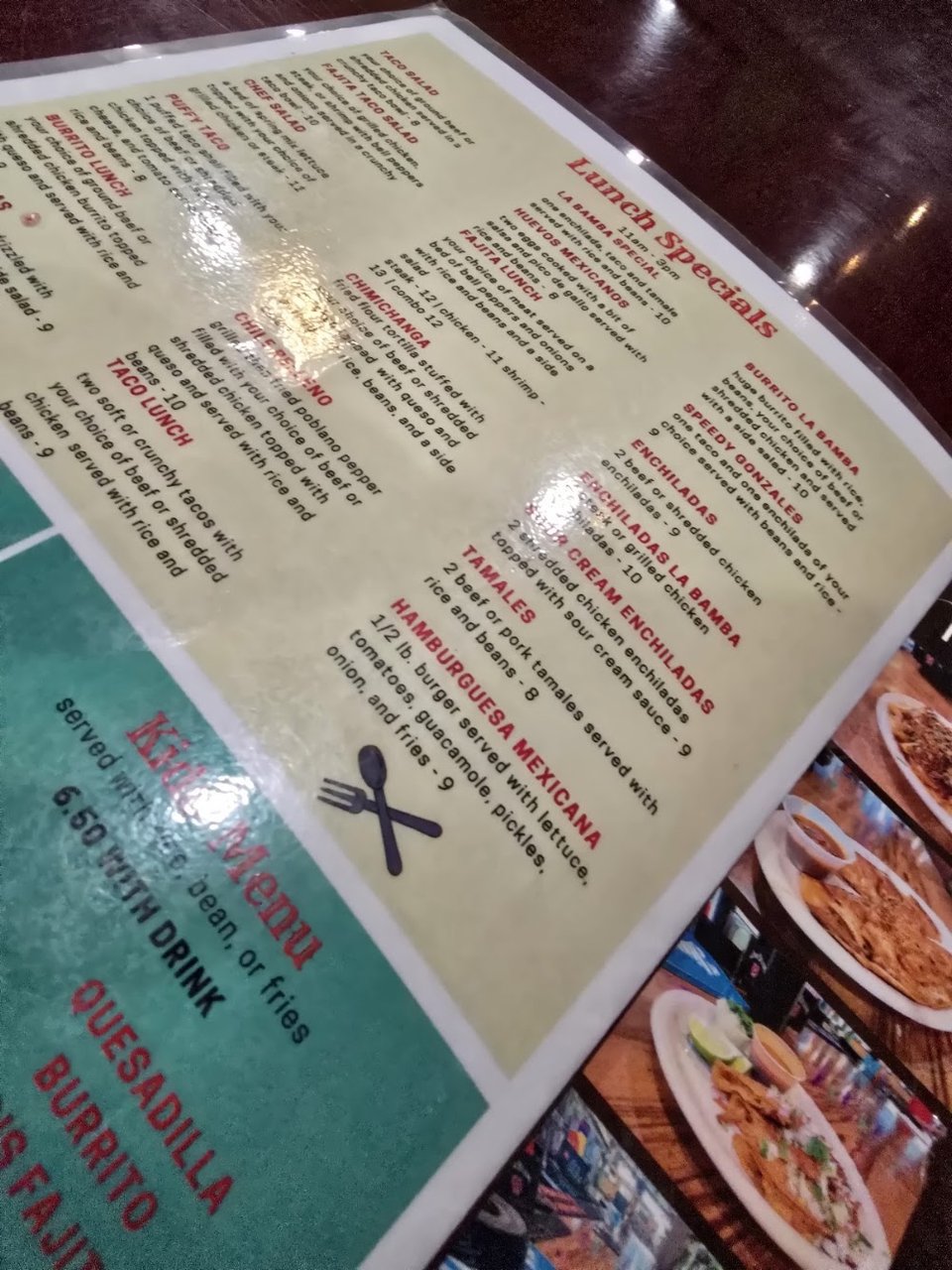 Printed menu with homestyle dishes listed.